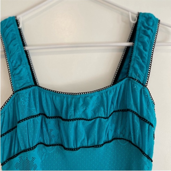 Betsey Johnson RARE Aqua Floral Dot Net Drop Waist Dress w/Slip Size Medium - Picture 2 of 10